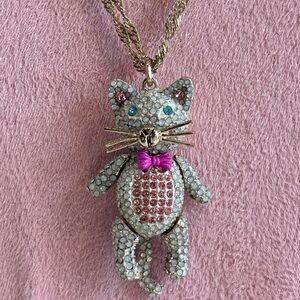 Betsey Johnson Rhinestone Cat Necklace Pink Bow Crystal Kitty Pendant Gold Chain